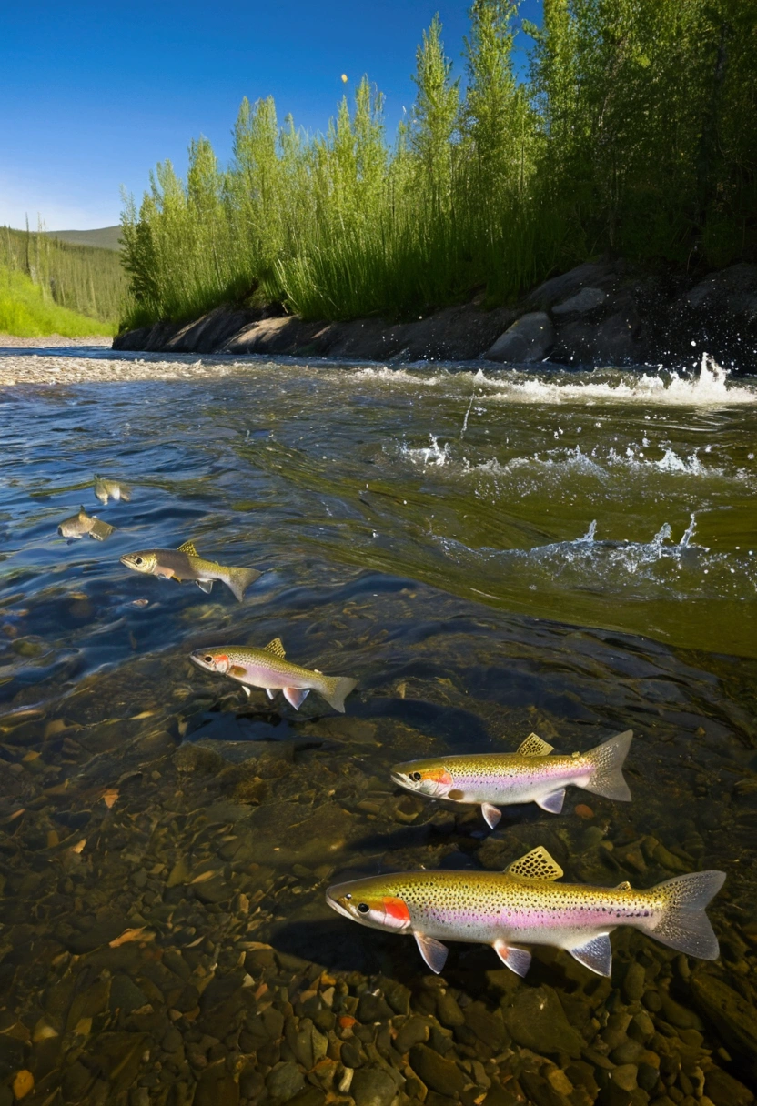 Early summer in Canada, Yukon River. Small, white mayflies swarm and dance wildly on the river surface. A single rainbow trout jumps across the choppy river surface to prey on the mayflies. In the early summer sunshine, the trout's body sparkles and splashes of water. A powerful scene. The camera focuses on the movement of the rainbow trout and the splashes of water. High-definition, realistic, detailed depiction of an early summer mountain stream with a swarm of mayflies dancing.