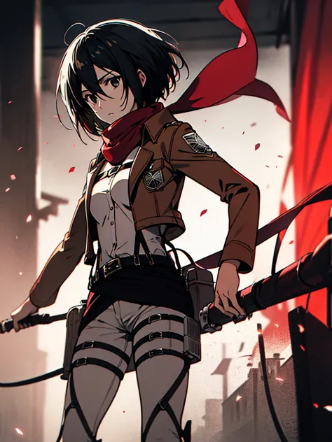 hmmikasa, short hair, black eyes, scarf, emblem, belt, thigh strap, red scarf, white pants, brown jacket, long sleeves, black and white, b&w