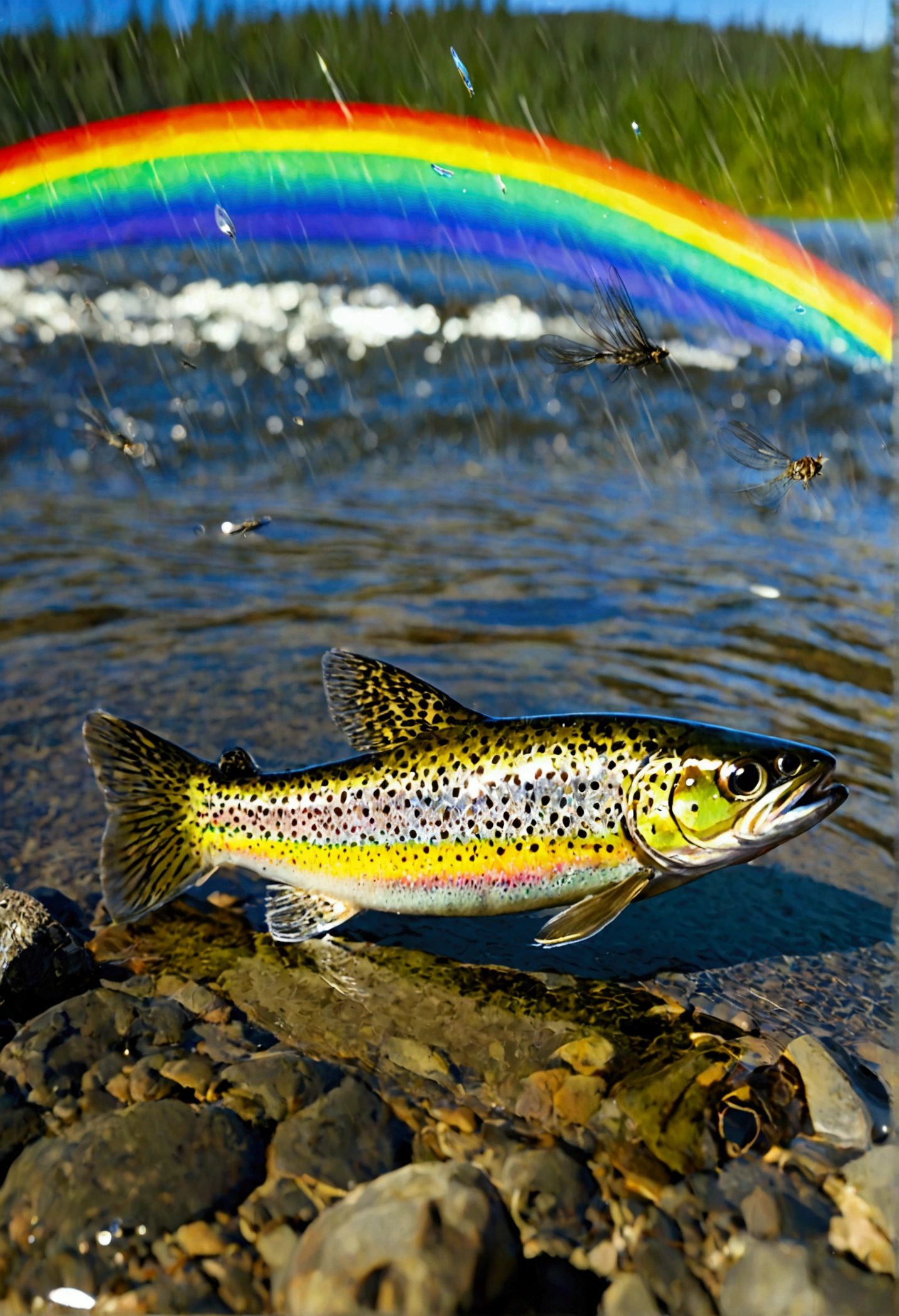 Early summer in Canada, Yukon River. Small, white mayflies swarm and dance wildly on the river surface. A single rainbow trout jumps across the choppy river surface to prey on the mayflies. In the early summer sunshine, the trout's body sparkles and splashes of water. A powerful scene. The camera focuses on the movement of the rainbow trout and the splashes of water. High-definition, realistic, detailed depiction of an early summer mountain stream with a swarm of mayflies dancing.