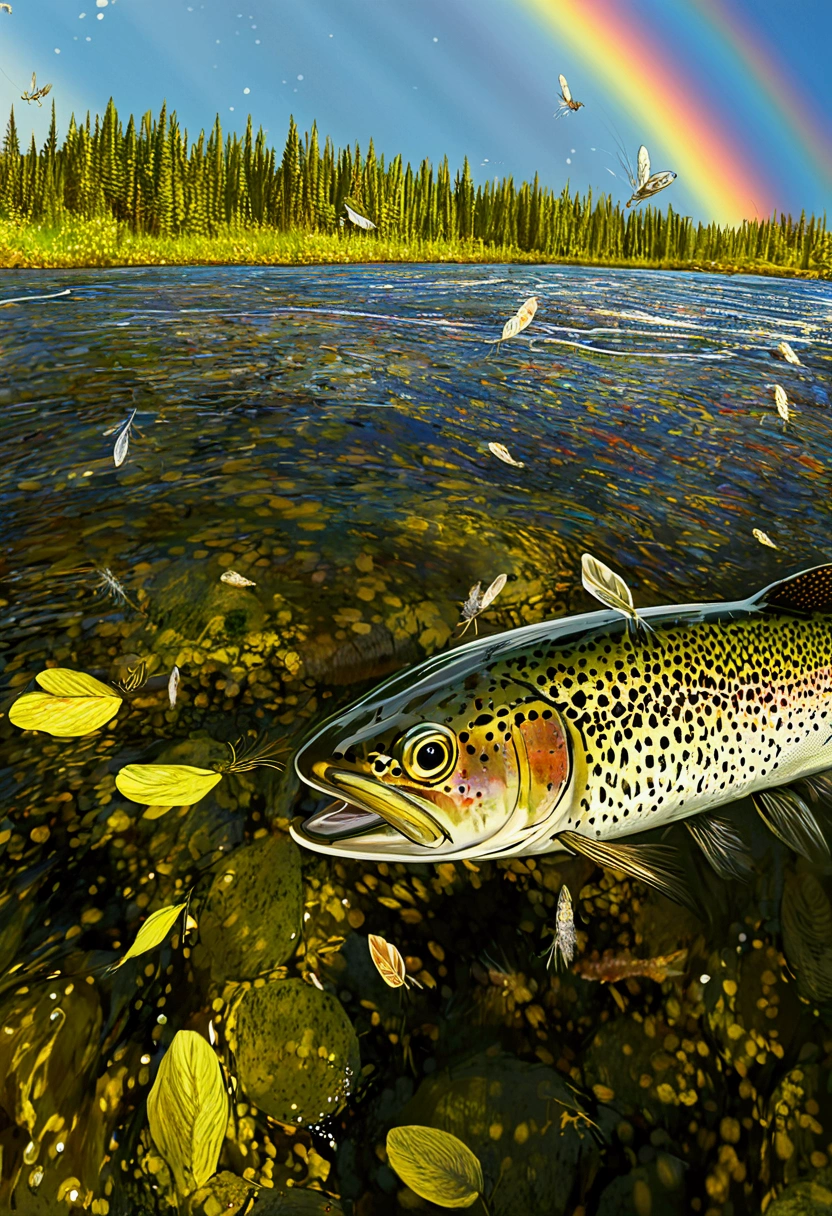 Early summer in Canada, Yukon River. Small, white mayflies swarm and dance wildly on the river surface. A single rainbow trout jumps across the choppy river surface to prey on the mayflies. In the early summer sunshine, the trout's body sparkles and splashes of water. A powerful scene. The camera focuses on the movement of the rainbow trout and the splashes of water. High-definition, realistic, detailed depiction of an early summer mountain stream with a swarm of mayflies dancing.