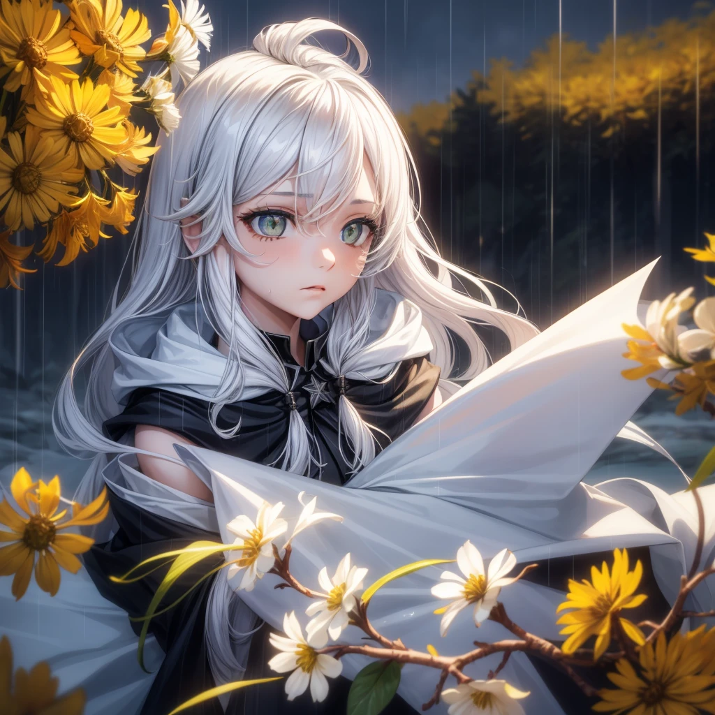 1 Girl,Solitary,1 Girl,Solitary,((Beautiful and delicate eyes)), (Detailed lighting),Depth of Field,(White hair),Silver Eyes,Hair covering one eye,(safflower ), Flowering,Long hair,Black cape,wet,callous,look back,night,Starfall,rain,FOG,safflowers falling,sketch,Upper Body,Strong shadows,