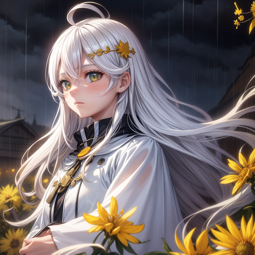 1 Girl,Solitary,1 Girl,Solitary,((Beautiful and delicate eyes)), (Detailed lighting),Depth of Field,(White hair),Silver Eyes,Hair covering one eye,(safflower ), Flowering,Long hair,Black cape,wet,callous,look back,night,Starfall,rain,FOG,safflowers falling,sketch,Upper Body,Strong shadows,