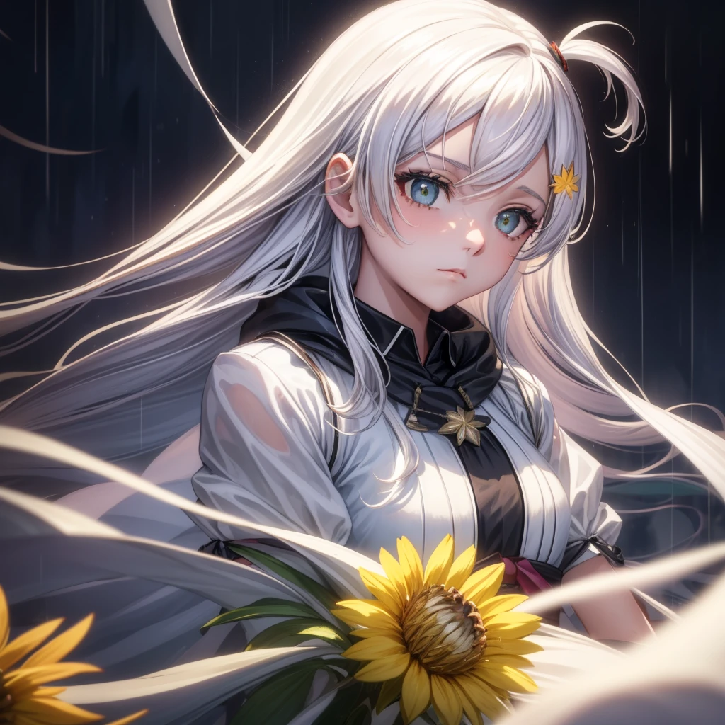 1 Girl,Solitary,1 Girl,Solitary,((Beautiful and delicate eyes)), (Detailed lighting),Depth of Field,(White hair),Silver Eyes,Hair covering one eye,(safflower ), Flowering,Long hair,Black cape,wet,callous,look back,night,Starfall,rain,FOG,safflowers falling,sketch,Upper Body,Strong shadows,