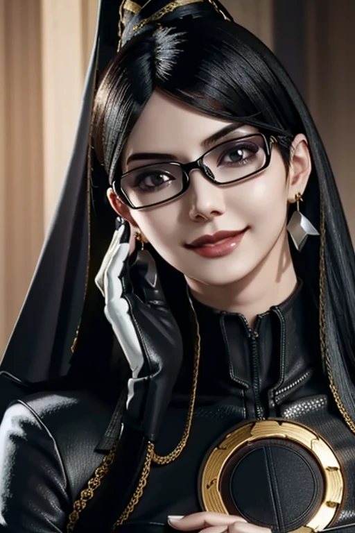 Bayo, Bayonetta, 1 girl, alone, Mole under mouth, Glasses, Black Hair, Mole, jewelry, Compensate, Earrings, smile, eye shadow, Portraiture, Long Hair, lips, lipstick, Grey Eyes,whole body 