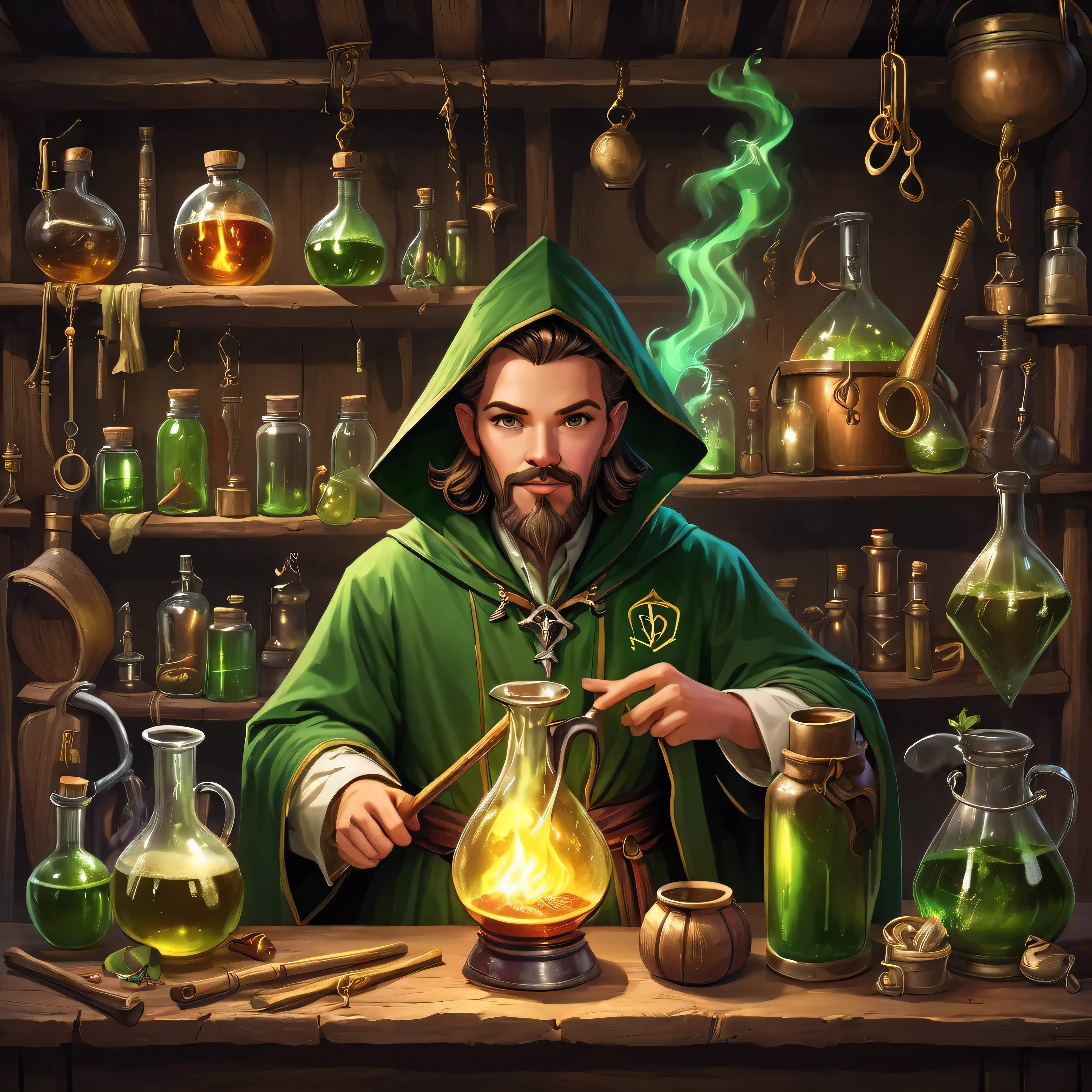 (Veterinarians are medicine brewers.: 1.3), (clothes: Magic cloak with the alchemical symbol,Green inner shirt, medicine-stained apron: 1.0), (decorations: A magic staff with a cauldron on top., A floating medicine bottle, Alchemist&#39;s Necklace: 1.2), (background: A mysterious laboratory with glowing runes, The shelves are filled with ancient books and mysterious ingredients., and a large boiler: 1.2), (cause: stand, Mix the ingredients in the pot with one hand using the magic spoon., Cast a spell on the medicine with the other hand., Eyes shining with magical power: 1.5), Dogs and cats sit and wait with hopeful eyes., best quality, Masterpiece, Soft and detailed oil paintings, backgroundโดยละเอียด, Amazing cinematic lighting, Soft edge lighting, professional, incredible light, Hard-edged light, Special quality, 4K, Masterpiece, best quality, 8ก, high resolutionพิเศษ, high resolution 