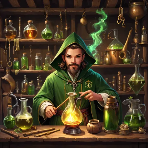 (veterinarians are medicine brewers.: 1.3), (clothes: magic cloak with the alchemical symbol,green inner shirt, medicine-stained...