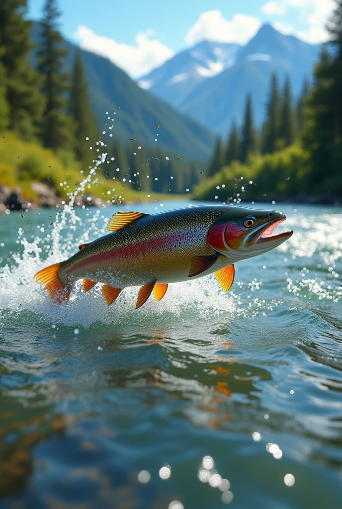 Early summer in Canada, Yukon River. Small, white mayflies swarm and dance wildly on the river surface. A single rainbow trout jumps across the choppy river surface to prey on the mayflies. In the early summer sunshine, the trout's body sparkles and splashes of water. A powerful scene. The camera focuses on the movement of the rainbow trout and the splashes of water. High-definition, realistic, detailed depiction of an early summer mountain stream with a swarm of mayflies dancing.