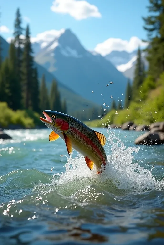 Early summer in Canada, Yukon River. Small, white mayflies swarm and dance wildly on the river surface. A single rainbow trout jumps across the choppy river surface to prey on the mayflies. In the early summer sunshine, the trout's body sparkles and splashes of water. A powerful scene. The camera focuses on the movement of the rainbow trout and the splashes of water. High-definition, realistic, detailed depiction of an early summer mountain stream with a swarm of mayflies dancing.