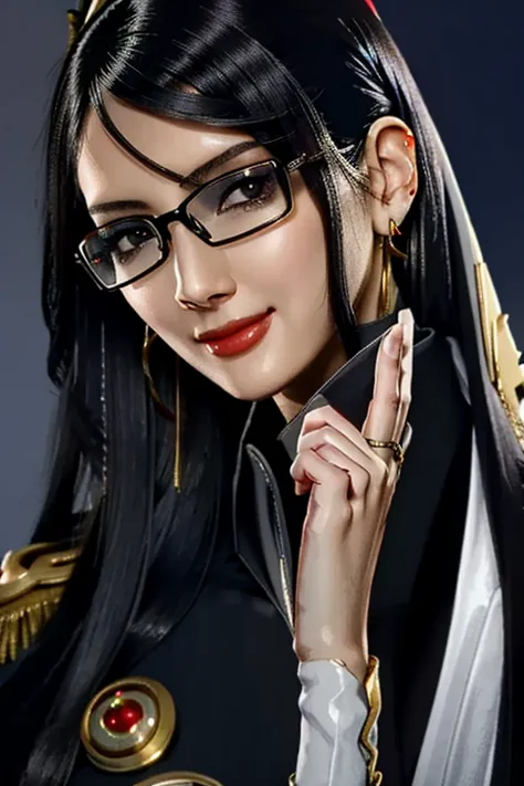 bayo, bayonetta, 1 girl, alone, mole under mouth, glasses, black hair, mole, jewelry, compensate, earrings, smile, eye shadow, p...