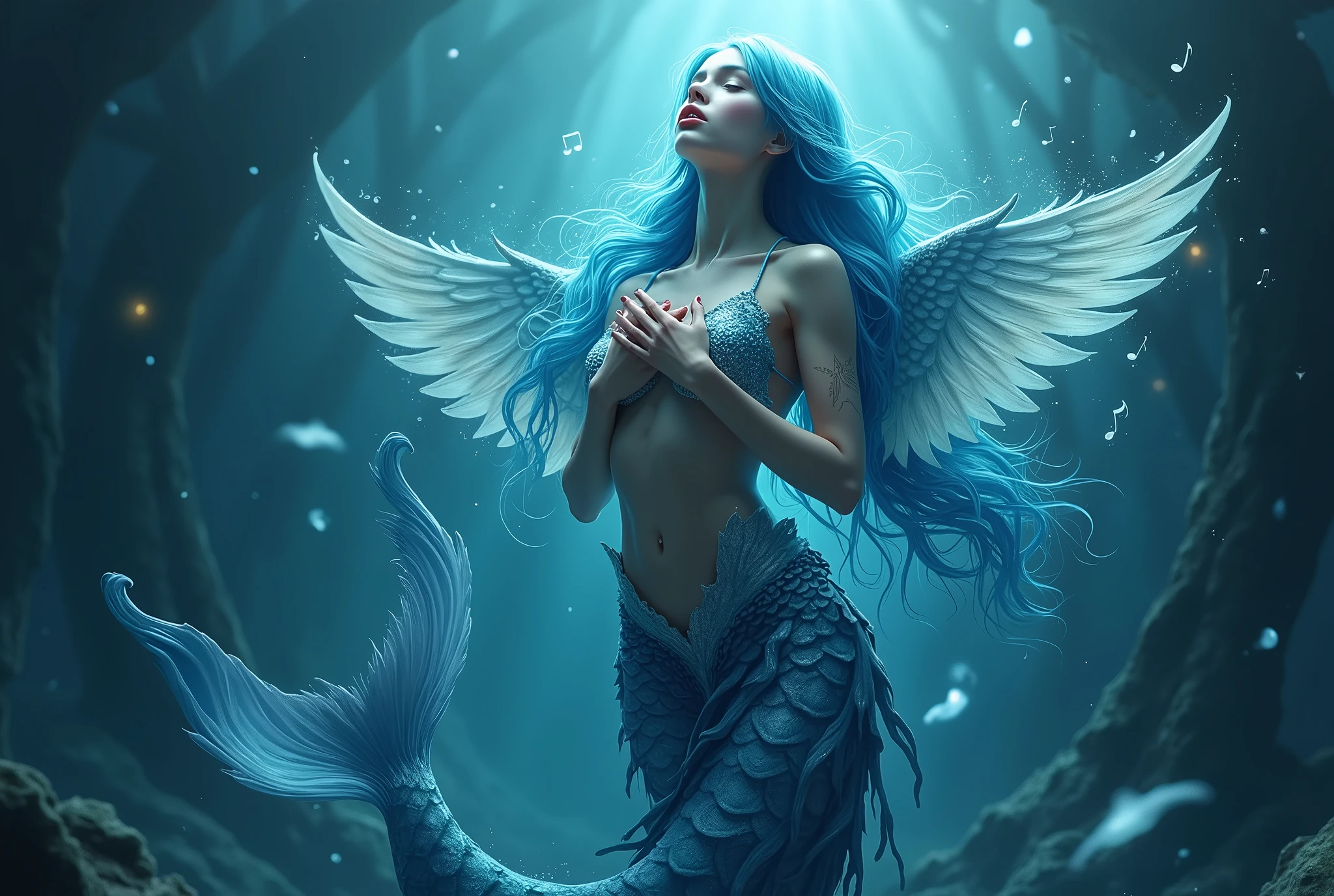 Digital art, mysterious work, highest quality, super high resolution, beautiful woman, siren singing in the sea, sea monster from Greek mythology, hands made of bird wings, lower body of fish, upper body of human woman, long hair down to the feet, blue hair, singing with hands on chest, ((Effect of musical notes flying around)), depiction of sailors being invited to the sea