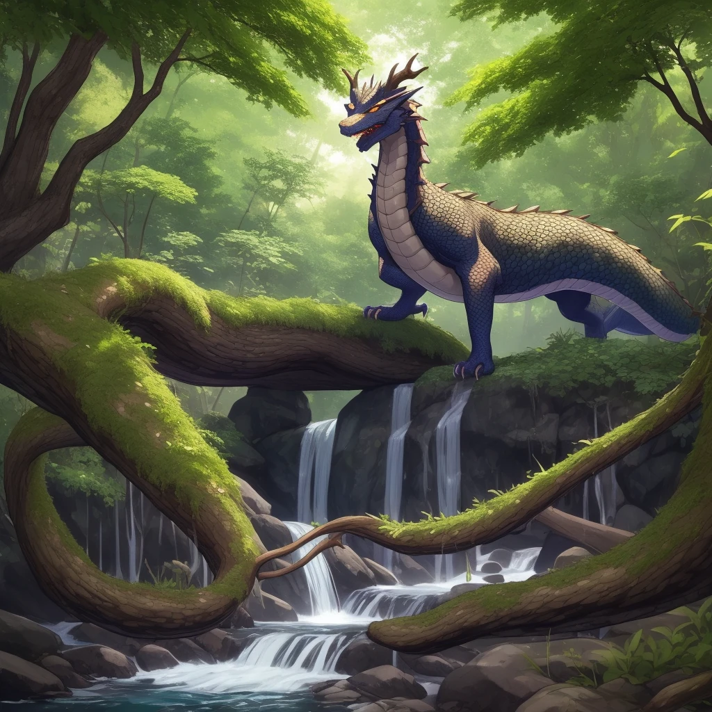 Create a realistic anime-style character portrait featuring the Elder Dragon, a mythical guardian entwined with the essence of the forest, river, and ancient wisdom.

Appearance:

The Elder Dragon is a majestic, towering creature with a serpentine body covered in a mix of ancient, bark-like scales and shimmering emerald-green scales that reflect the light like the surface of a calm river.
Its head is adorned with twisting, tree-like horns, from which small branches and leaves sprout, giving the impression that the dragon is a living embodiment of the forest itself.
Its eyes are deep, glowing amber, radiating wisdom and power, with a gaze that seems to penetrate the very soul of those who look into them.
Attire and Accessories:

The dragon's body is adorned with natural elements, such as vines that wrap around its long, sinuous form, and moss that clings to its scales, blending it seamlessly with its forest environment.
Along its back and tail, small waterfalls flow down its body, as if the dragon itself is the source of the river, carrying the life-giving waters to the land below.
The claws of the dragon are like the roots of an ancient tree, strong and unyielding, able to dig deep into the earth and manipulate the very land itself.
Pose and Expression:

The Elder Dragon is depicted coiled around a large, ancient tree, its body looping gracefully through the branches, with the river flowing gently below.
Its expression is serene yet powerful, as it watches over the river and forest, its presence a reminder of the ancient forces that govern the natural world.
Its posture is relaxed, yet there is an underlying tension in its muscles, suggesting that it is ready to defend its domain at a moment's notice.
Background:

The backdrop should be a lush, verdant forest, with towering trees that stretch up towards the sky, their canopies forming a thick, green roof overhead.
The river winds through the forest, its waters clear and sparkling, reflecting the deep greens and brow