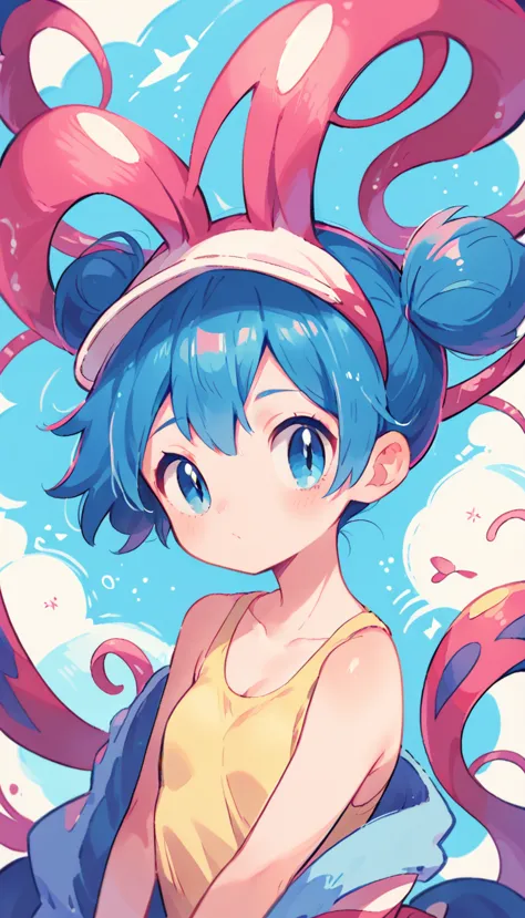 character pokemon, 1 girl , misty , cute ,blue , pokemon seel swimming over your head, cute expression, milotic background