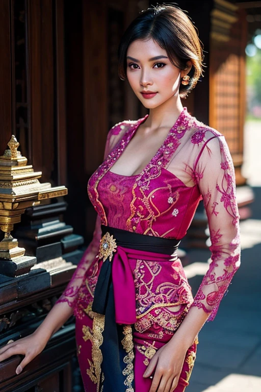 A woman wearing a sexy Bali kebaya, standing in a wide shot with deep focus, eye level angle, and natural rim lighting. Her short hair frames a detailed, beautiful face as she looks directly at the viewer. The image has an extremely high quality, masterpiece-level of realism, absurd resolution and intricate details.