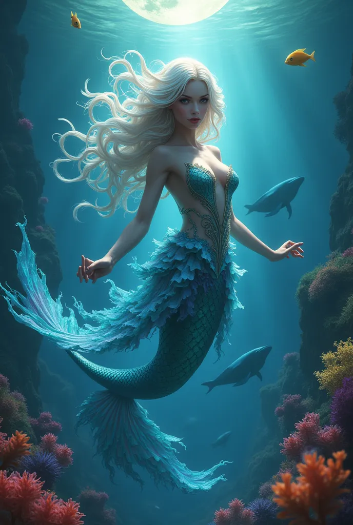 (Best Quality,4k,8k,A high resolution,masterpiece:1.2),ultra detailed,(realist anime:1.5),beautiful detailed eyes,beautiful detailed lips,extremely detailed eyes and face,long eyelashes,seductive look,Fish tail,shiny scales,ethereal beauty,shining ocean,Illuminated by moonlight,fantastic creature,Exuberant underwater flora,undulating waves,flowing hair,Rainbow color palette,Beautiful decoration corals whales and beautiful and colorful fish,Let yourself be captivated by the depths of the sea,Seductive Siren Song,Fascinating charm,mythological creatures,hauntingly beautiful,Marine life,hyperrealistic atmosphere,Ethereal and elegant,Powerful and elegant,Nothing with grace,Banshee of the Deep,Underwater seduction girl,The dark depths of mystery,Posed in a dramatic pose