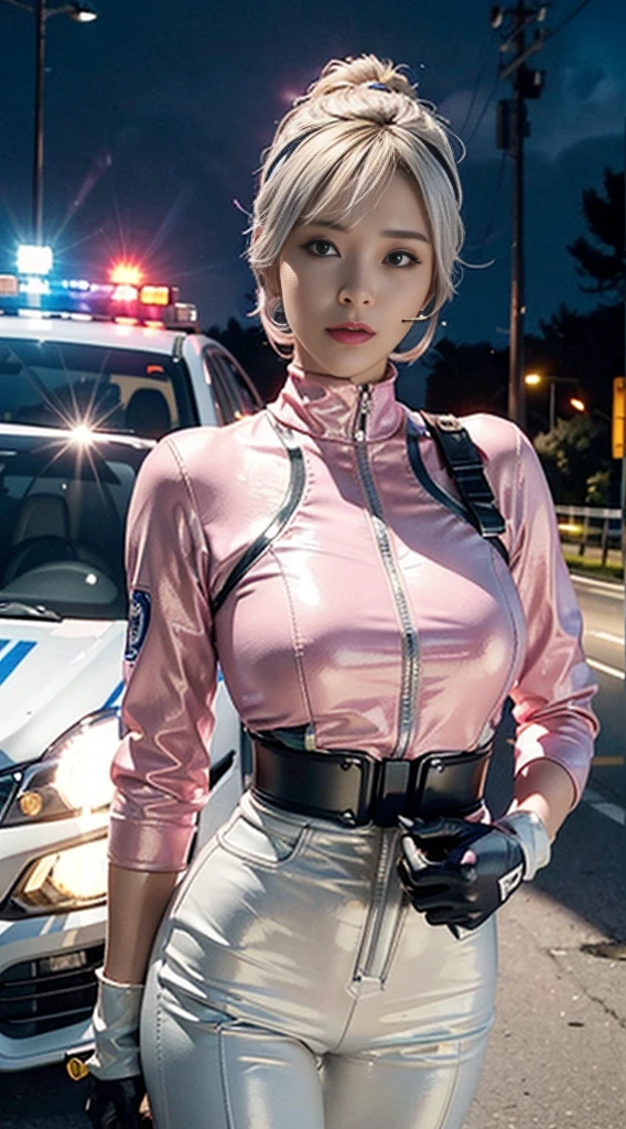 Top Quality, Ultra High Definition, (backlight), (Photorealistic: 1.4), (cowboy shot:1), 1 Beautiful Girl, (Kpop Idol), Detailed Face, (Hair Style: Pink:1, fullbang, shortbob-style:1), Contrapposto, Perfect Anatomy, , Professional Lighting, ((wearing Futuristic Police Racing Suits, police wappen, High-tech Headset, military harness, racing gloves, handgun)), outside honey bob hairstyle, ("POLICE", Cloths colors based on silver pink black white), (background, crashed cars, fire, (Explosion)),