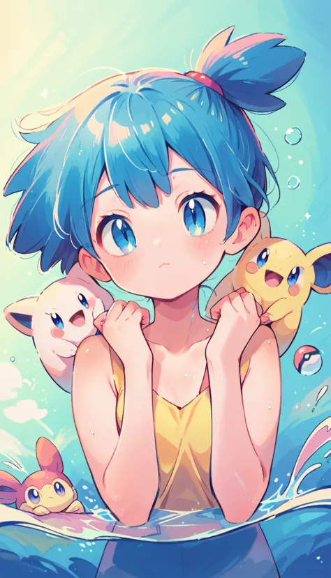 character pokemon, 1 girl , misty , cute ,blue , pokemon seel swimming over your head, cute expression, froakie background