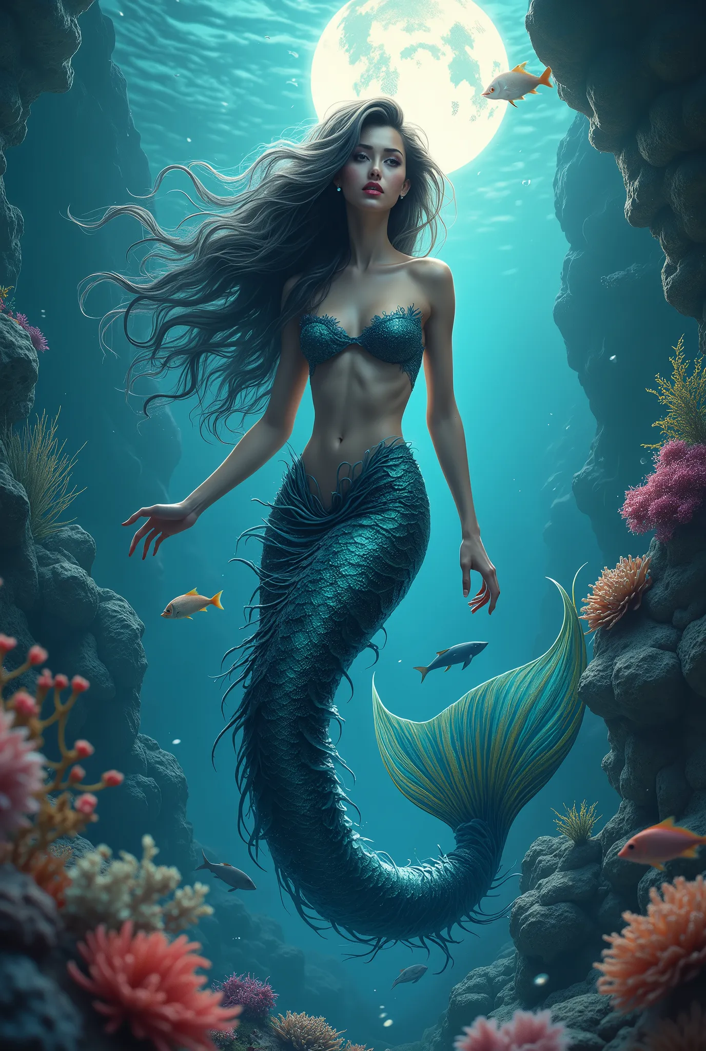 (Best Quality,4k,8k,A high resolution,masterpiece:1.2),ultra detailed,(realist anime:1.5),beautiful detailed eyes,beautiful detailed lips,extremely detailed eyes and face,long eyelashes,seductive look,Fish tail,shiny scales,ethereal beauty,shining ocean,Illuminated by moonlight,fantastic creature,Exuberant underwater flora,undulating waves,flowing hair,Rainbow color palette,Beautiful decoration corals whales and beautiful and colorful fish,Let yourself be captivated by the depths of the sea,Seductive Siren Song,Fascinating charm,mythological creatures,hauntingly beautiful,Marine life,hyperrealistic atmosphere,Ethereal and elegant,Powerful and elegant,Nothing with grace,Banshee of the Deep,Underwater seduction girl,The dark depths of mystery,Posed in a dramatic pose