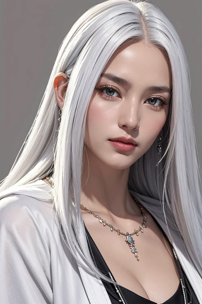 A photorealistic, high resolution portrait of a woman with white hair and long hair, wearing a white Taoist robe and oversized clothes, adorned with jewelry, looking directly at the viewer, with a detailed and realistic face and large breasts.