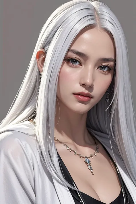 a photorealistic, high resolution portrait of a woman with white hair and long hair, wearing a white taoist robe and oversized c...