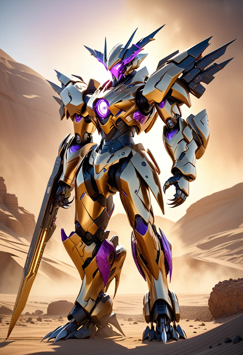 a highly detailed, stylized 3d cg concept art of a futuristic robot, with 3 stylish horns on its head, a long and sharp chin, shoulders with extended armor, dragon-like feet with sharp claws, and two large thrusters extending from its waist, the entire mech body is beautifully coated in a lustrous gold finish with clear purple diamond patterns across the panels, holding a massive, dynamic and stylish golden sword in both hands, standing in a dramatic sunset landscape of a desolate wasteland with a sandstorm, (best quality,4k,8k,highres,masterpiece:1.5),ultra-detailed,extremely fine details, high quality 3d rendering, dramatic lighting, cinematic framing, award-winning artwork, photorealistic, (realistic,photorealistic,photo-realistic:1.37), extremely realistic metallic sheen and texture on the armor, clear purple accents with a glowing effect, highly detailed and reflective claws and thrusters,beautiful and lustrous sword with a captivating presence, cowboy shot, cinematic, dramatic