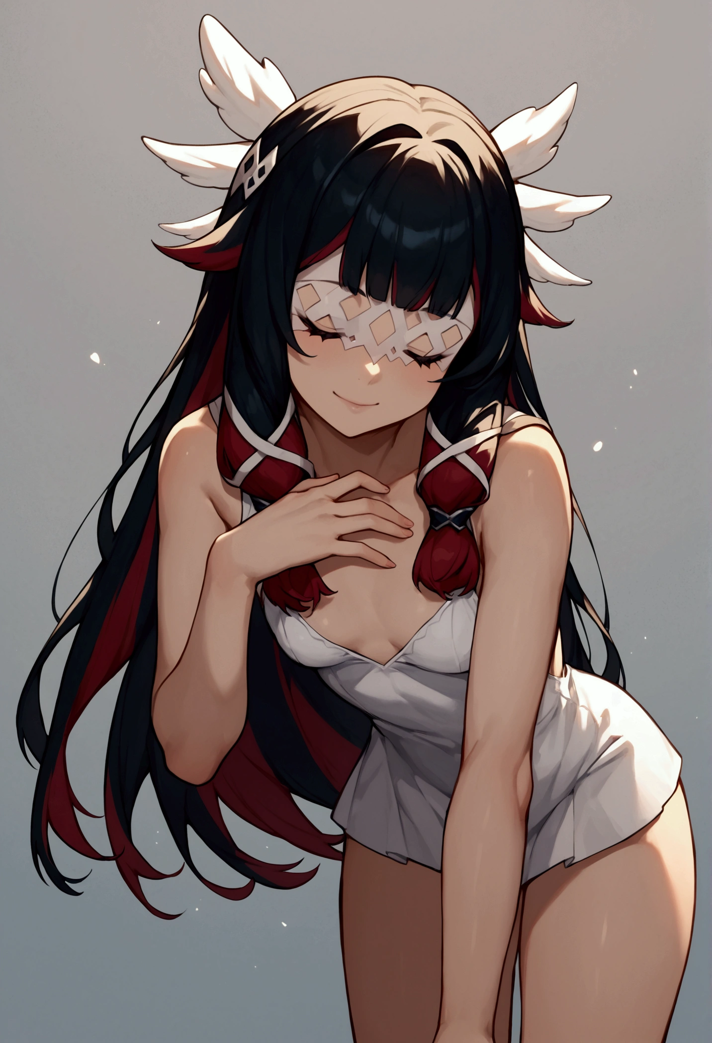 (score_9, score_8_above, score_7_above), anime font, 1 girl, Columbina, black fur, multicolouRed hair, Red hair, eye mask, head wings, white shirt dress, short dress, small breasts, Leaning forward, hand on chest, closed eyes, thighs, smile, Closed mouth, nod, Black background, light particles, simple background