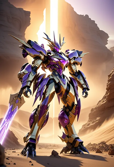 a highly detailed, stylized 3d cg concept art of a futuristic robot, with 3 stylish horns on its head, a long and sharp chin, shoulders with extended armor, dragon-like feet with sharp claws, and two large thrusters extending from its waist, the entire mech body is beautifully coated in a lustrous gold finish with clear purple diamond patterns across the panels, holding a massive, dynamic and stylish golden sword in both hands, standing in a dramatic sunset landscape of a desolate wasteland with a sandstorm,Dynamic poses, (best quality,4k,8k,highres,masterpiece:1.5),ultra-detailed,extremely fine details, high quality 3d rendering, dramatic lighting, cinematic framing, award-winning artwork, photorealistic, (realistic,photorealistic,photo-realistic:1.37), extremely realistic metallic sheen and texture on the armor, clear purple accents with a glowing effect, highly detailed and reflective claws and thrusters,beautiful and lustrous sword with a captivating presence, cowboy shot, cinematic, dramatic