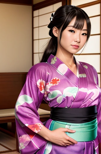 1 Japanese woman, (((see-through yukata))), long wavy hair:1.3, light brown hair, diagonal bangs, black eyes, pale skin, thick lips, pretty face:1.2, cute face:1.3, baby face:1.6, Round face:1.4, Droopy eyes:1.4, dwarf, petite, curvy, height 1.45meters, glamorous 40kg, large breast:1.1, living room, 8K, 32K, absurdres, high resolution, Realistic, Photorealistic, Anatomically correct, full body, full shot, pov