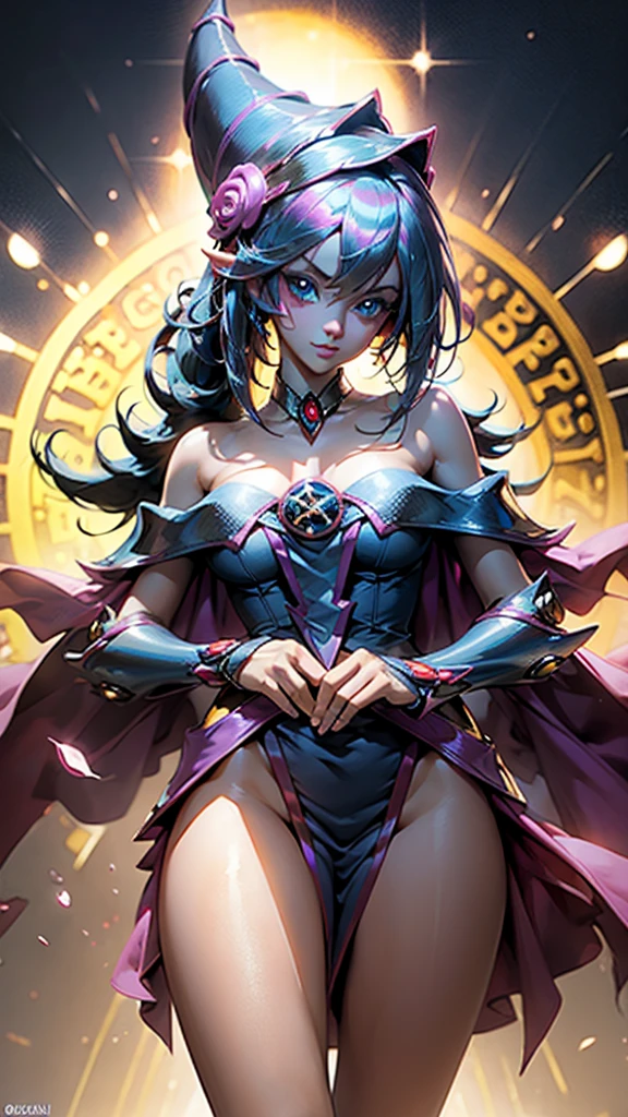 Hyperrealistic portrait of a young Dark Magician Girl with a mischievous expression. She wears a negligee that highlights her figure, with ultra-white, glowing skin that looks almost ethereal. Her hair is extremely long, silky and smooth, of a vibrant purple, with a beautiful fringe that frames her face. She has a high ponytail that adds a touch of youthful elegance.. Her big blue eyes shine like jewels, reflecting impeccable beauty. Illumination that highlights your cheekbones, with a glossy finish that highlights its dazzling appearance. (ORGASM: 1), (NSFW:1)