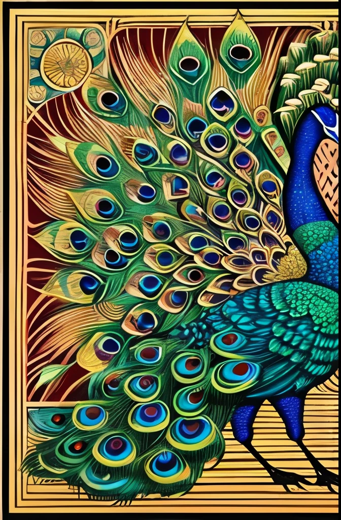 Elegant and vibrant peacock illustration, showcasing intricate patterns and a rich palette of blues, greens, and golds. The detailed design captures the peacock's feathers in an artistic, almost surreal style, blending natural elements with fanciful embellishments. The composition evokes a sense of grace and majesty, highlighted by the harmonious flow of curves and ornate details.