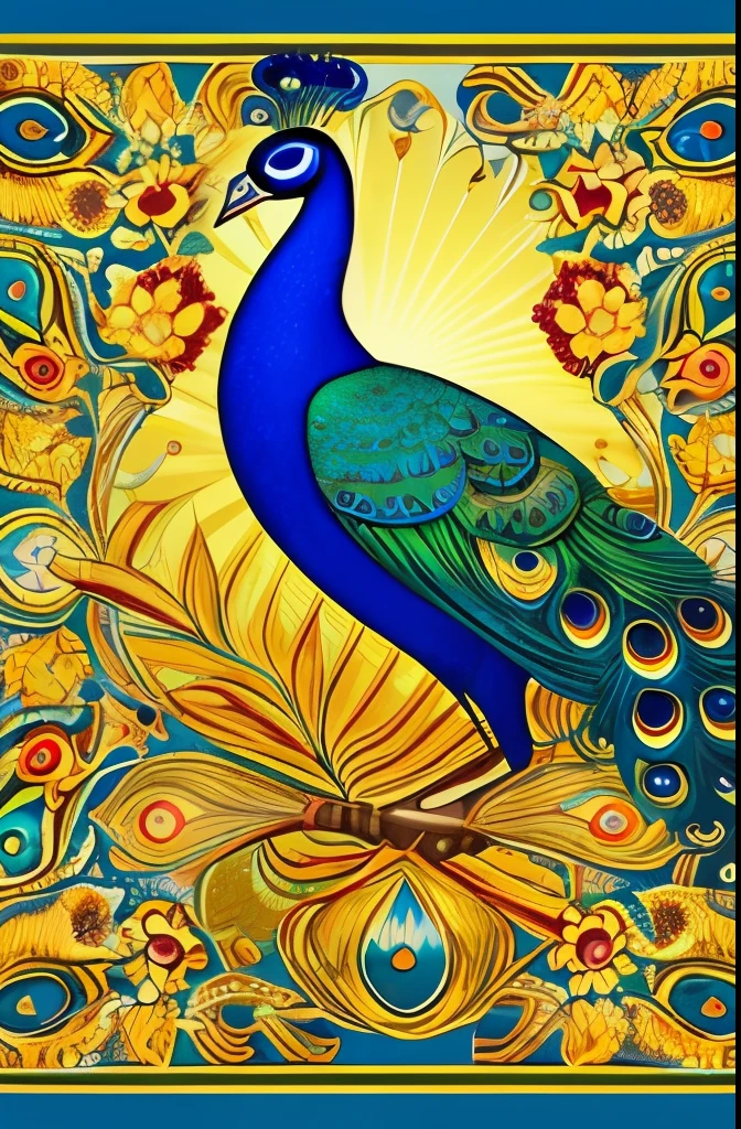 Elegant and vibrant peacock illustration, showcasing intricate patterns and a rich palette of blues, greens, and golds. The detailed design captures the peacock's feathers in an artistic, almost surreal style, blending natural elements with fanciful embellishments. The composition evokes a sense of grace and majesty, highlighted by the harmonious flow of curves and ornate details.