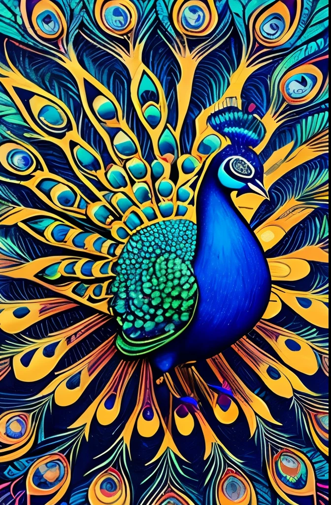 Elegant and vibrant peacock illustration, showcasing intricate patterns and a rich palette of blues, greens, and golds. The detailed design captures the peacock's feathers in an artistic, almost surreal style, blending natural elements with fanciful embellishments. The composition evokes a sense of grace and majesty, highlighted by the harmonious flow of curves and ornate details.