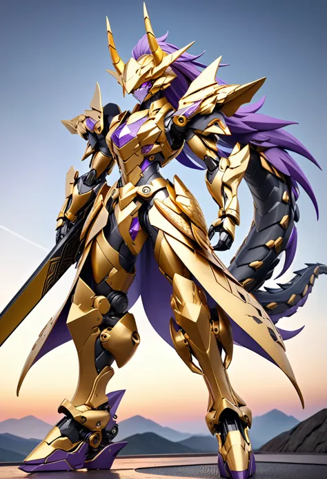 Ultra HDの3DCGコンセプトアート、Draw a stylish robot、Three stylish horns on the head、The jaw is long and narrow、The whole body from the neck down is stylishly shaped like Japanese armor.、Shoulder armor is a little long horizontally、The legs are stylishly shaped like long dragon legs.、It has two toes in front and one in back that stand on the ground with sharp claws.、Two thruster binders extend from the waist.、At the base of the binder is a jet nozzle for attitude control.、The entire aircraft is painted in dazzlingly beautiful gold plating.。Each part is decorated with a clear purple diamond pattern.。(Holding a life-sized, huge, thick-bladed, stylish sword in both hands:1.3)、The sword has a stylish gold hand guard.、(Dynamic sword swing:1.2)、The evening sky with the sun not yet setting、A robot stands on the barren wilderness、Sandstorm、The extremely beautiful and realistic gold plating of the aircraft&#39;s armor shines, texture and shine.、Realistic texture and shine of each part of the mechanism、Clear purple paint gives a realistic glow like phosphorescent paint、Metallic feel and shine on toenails、Thruster binder&#39;s realistic texture and panel lines、The beauty, luster and shine of a sword blade、Cowboy Shot、Ultra HD、(Masterpiece、Best Quality、4K、8k、:1.5)、Ultra Detail、Ultra-fine painting、High quality 3D rendering、Dramatic Lighting、A scene from a movie、Professional photography resolution、Award-winning paintings、