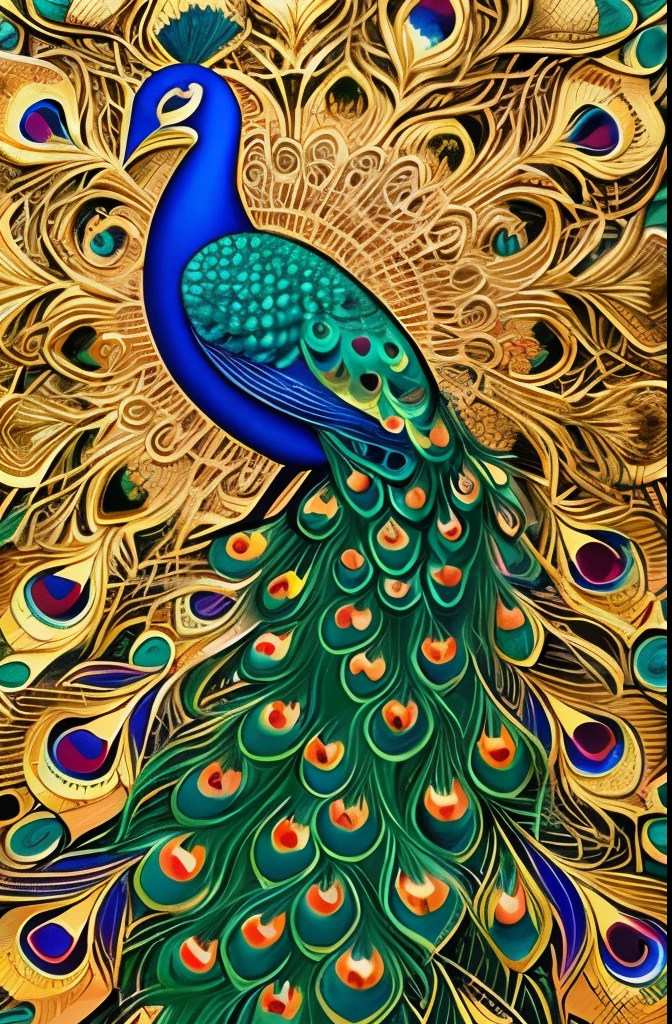 Elegant and vibrant peacock illustration, showcasing intricate patterns and a rich palette of blues, greens, and golds. The detailed design captures the peacock's feathers in an artistic, almost surreal style, blending natural elements with fanciful embellishments. The composition evokes a sense of grace and majesty, highlighted by the harmonious flow of curves and ornate details.