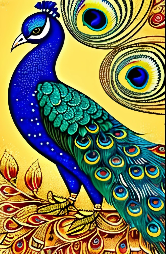 Elegant and vibrant peacock illustration, showcasing intricate patterns and a rich palette of blues, greens, and golds. The detailed design captures the peacock's feathers in an artistic, almost surreal style, blending natural elements with fanciful embellishments. The composition evokes a sense of grace and majesty, highlighted by the harmonious flow of curves and ornate details.