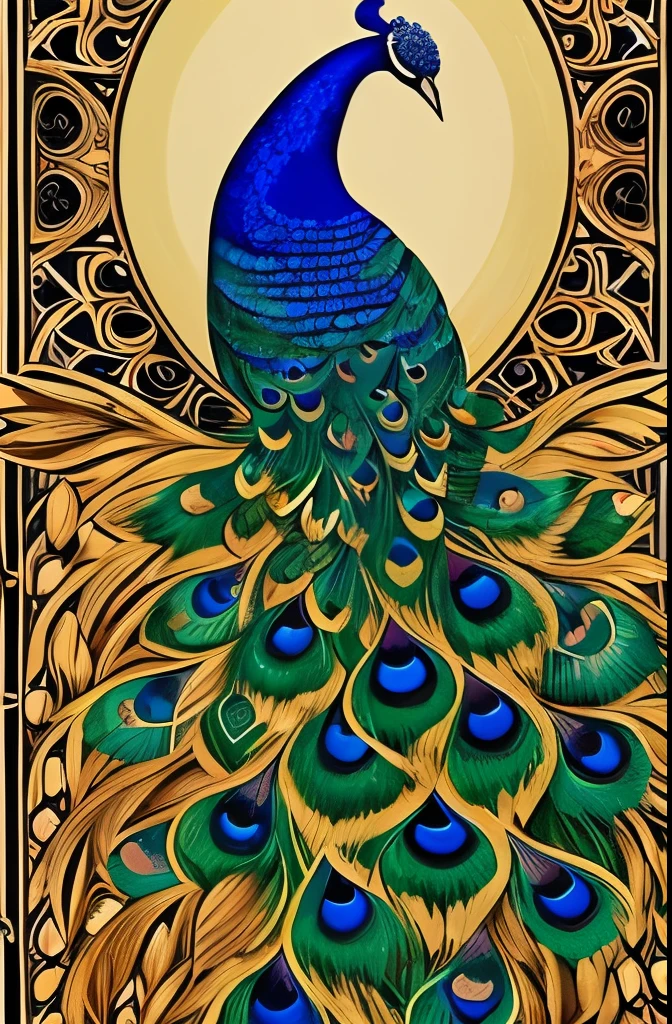 Elegant and vibrant peacock illustration, showcasing intricate patterns and a rich palette of blues, greens, and golds. The detailed design captures the peacock's feathers in an artistic, almost surreal style, blending natural elements with fanciful embellishments. The composition evokes a sense of grace and majesty, highlighted by the harmonious flow of curves and ornate details.