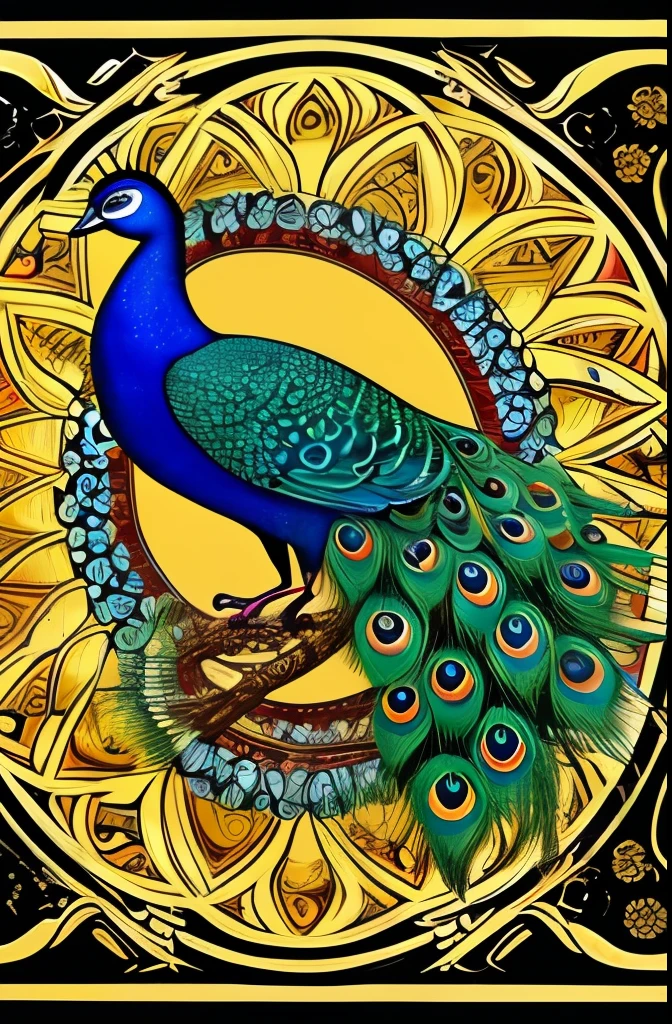 Elegant and vibrant peacock illustration, showcasing intricate patterns and a rich palette of blues, greens, and golds. The detailed design captures the peacock's feathers in an artistic, almost surreal style, blending natural elements with fanciful embellishments. The composition evokes a sense of grace and majesty, highlighted by the harmonious flow of curves and ornate details.