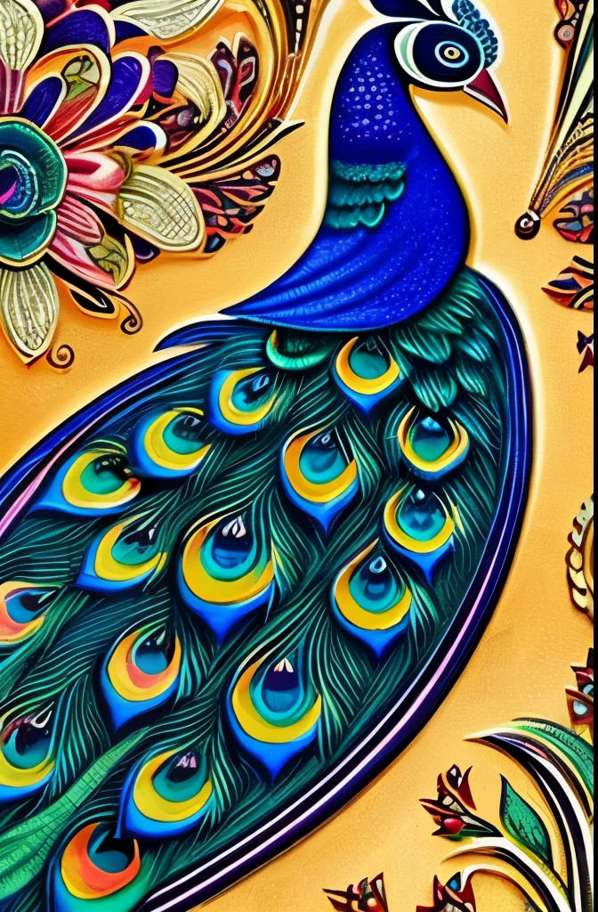 Elegant and vibrant peacock illustration, showcasing intricate patterns and a rich palette of blues, greens, and golds. The detailed design captures the peacock's feathers in an artistic, almost surreal style, blending natural elements with fanciful embellishments. The composition evokes a sense of grace and majesty, highlighted by the harmonious flow of curves and ornate details.