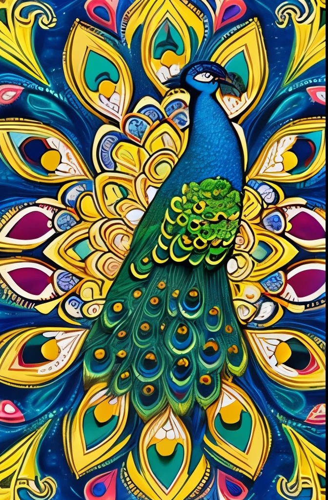 Elegant and vibrant peacock illustration, showcasing intricate patterns and a rich palette of blues, greens, and golds. The detailed design captures the peacock's feathers in an artistic, almost surreal style, blending natural elements with fanciful embellishments. The composition evokes a sense of grace and majesty, highlighted by the harmonious flow of curves and ornate details.