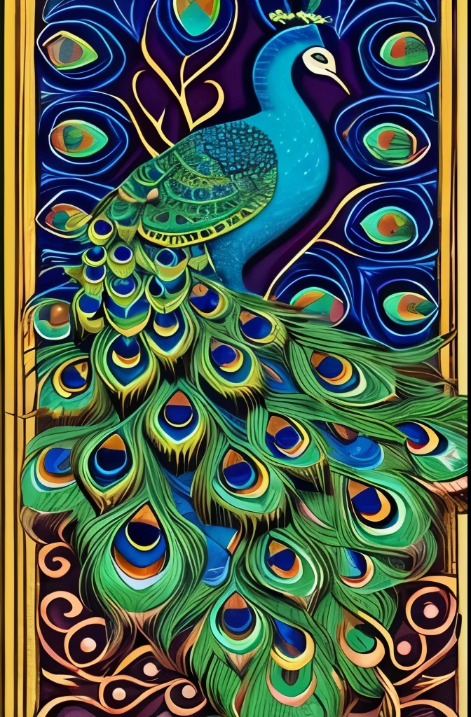 Elegant and vibrant peacock illustration, showcasing intricate patterns and a rich palette of blues, greens, and golds. The detailed design captures the peacock's feathers in an artistic, almost surreal style, blending natural elements with fanciful embellishments. The composition evokes a sense of grace and majesty, highlighted by the harmonious flow of curves and ornate details.