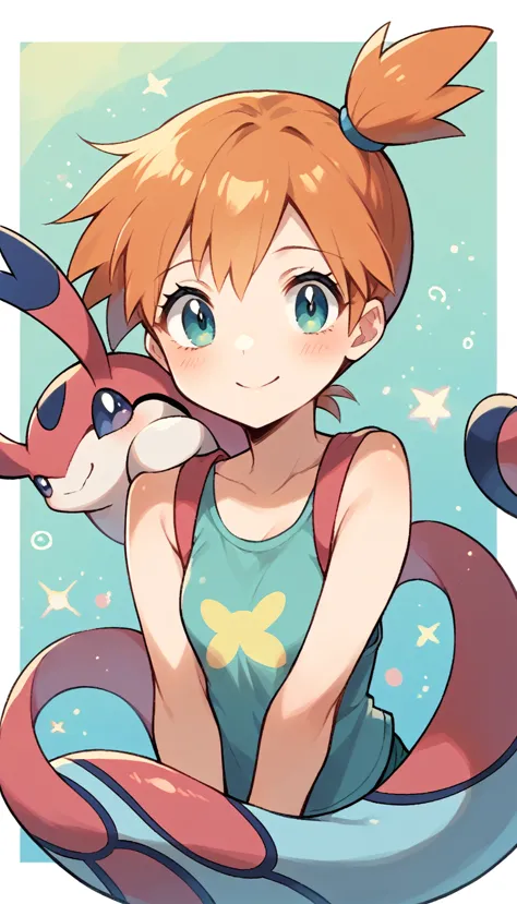 character pokemon, 1 girl , misty , cute ,blue , pokemon seel swimming over your head, cute expression, milotic background