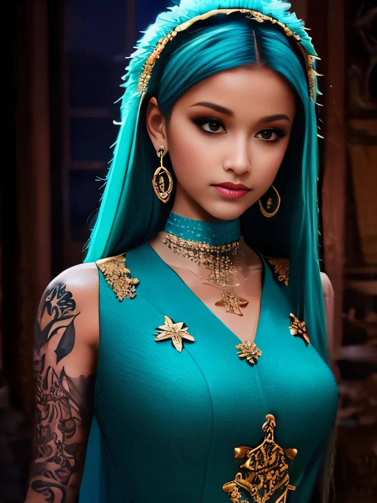 Elaborate fantasy-inspired attire adorned with intricate patterns and a turquoise color scheme, complemented by a large feathered headband. The long, flowing, platinum hair is styled with multiple accessories, including a matching choker and gemstone earrings. The pose is confident, with attention to detailed tattoos on the upper arm. The background is an enchanting, star-lit sky with hints of distant mystical structures, illuminated by soft ambient lighting, creating a magical and dreamy atmosphere.