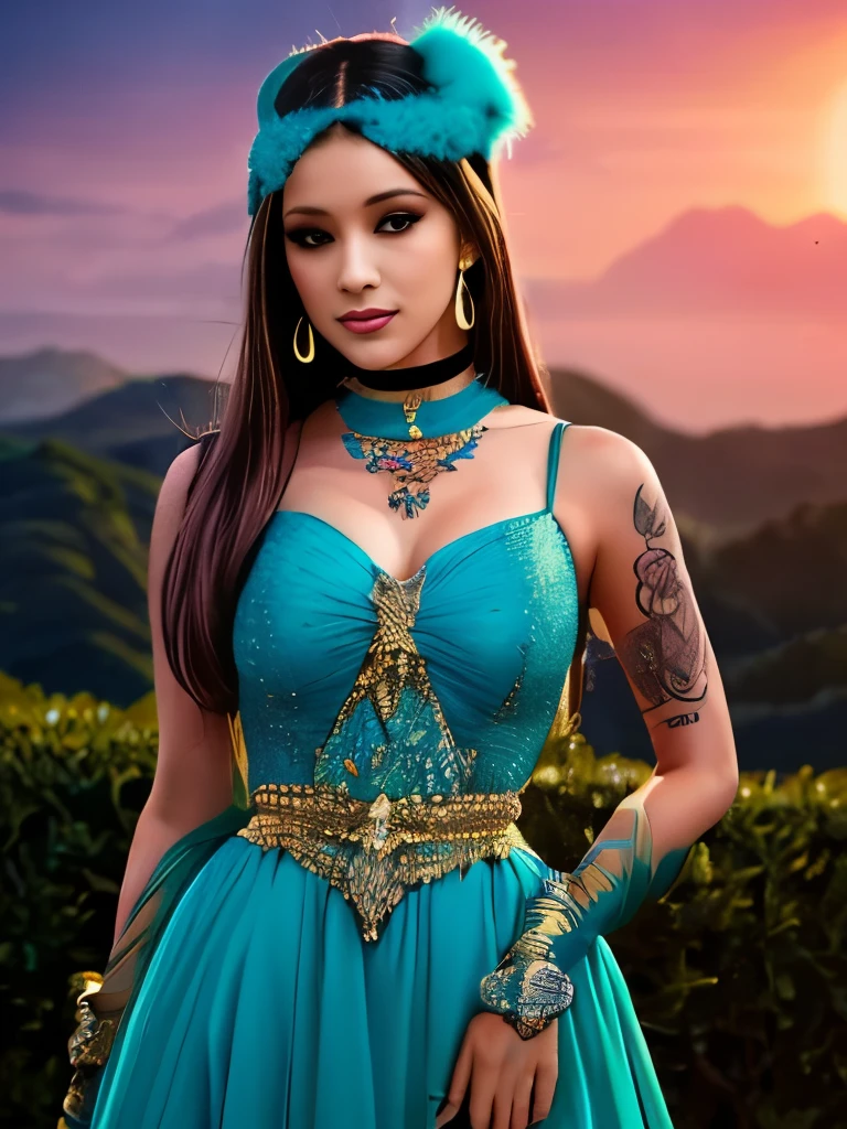 Elaborate fantasy-inspired attire adorned with intricate patterns and a turquoise color scheme, complemented by a large feathered headband. The long, flowing, platinum hair is styled with multiple accessories, including a matching choker and gemstone earrings. The pose is confident, with attention to detailed tattoos on the upper arm. The background is an enchanting, star-lit sky with hints of distant mystical structures, illuminated by soft ambient lighting, creating a magical and dreamy atmosphere.