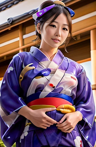 1 Japanese woman, (((see-through yukata:1.5))), long wavy hair:1.3, light brown hair, diagonal bangs, black eyes, pale skin, thick lips, pretty face:1.2, cute face:1.3, baby face:1.6, Round face:1.4, Droopy eyes:1.4, dwarf, petite, curvy, height 1.45meters, glamorous 40kg, large breast:1.1, living room, 8K, 32K, absurdres, high resolution, Realistic, Photorealistic, Anatomically correct, full body, full shot, pov