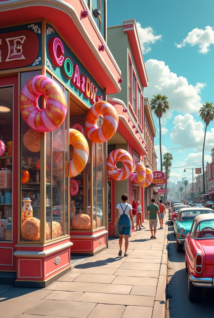 candy store seen from the street, donut decorations, lollipops candy, beautiful colorful and tasty stained glass, 60&#39;s store, people walking on the sidewalks, 60s cars on the street