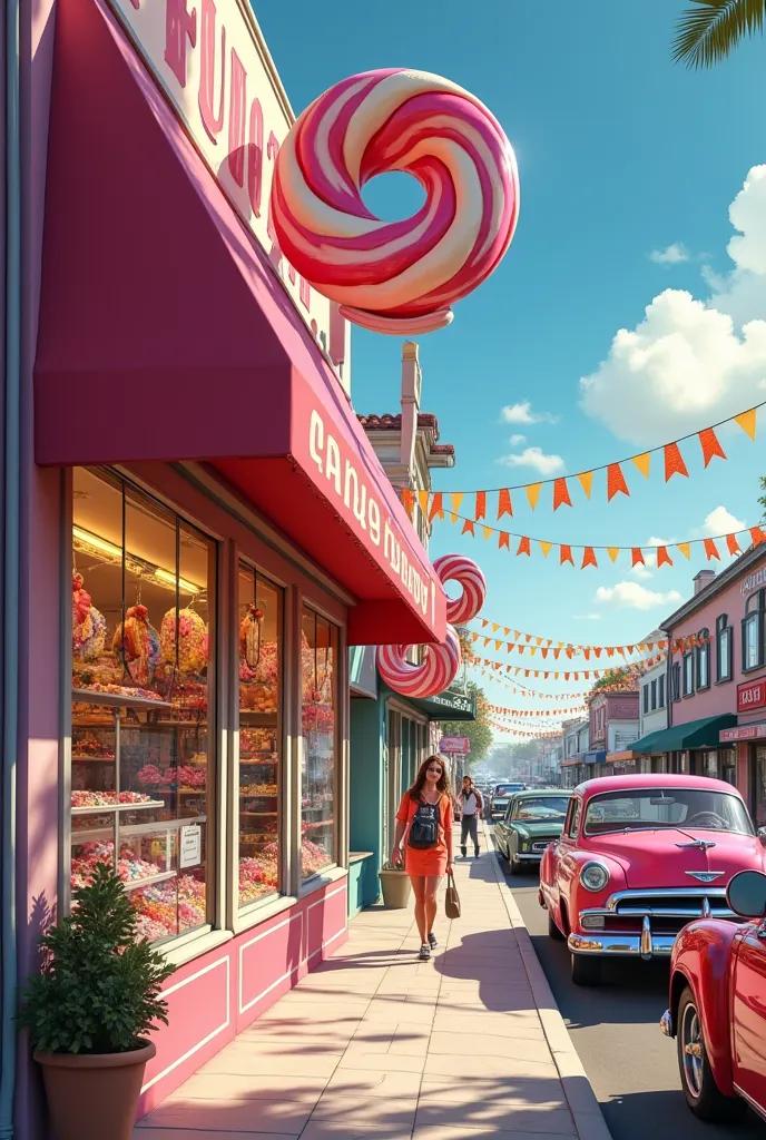 candy store seen from the street, donut decorations, lollipops candy, beautiful colorful and tasty stained glass, 60&#39;s store, people walking on the sidewalks, 60s cars on the street