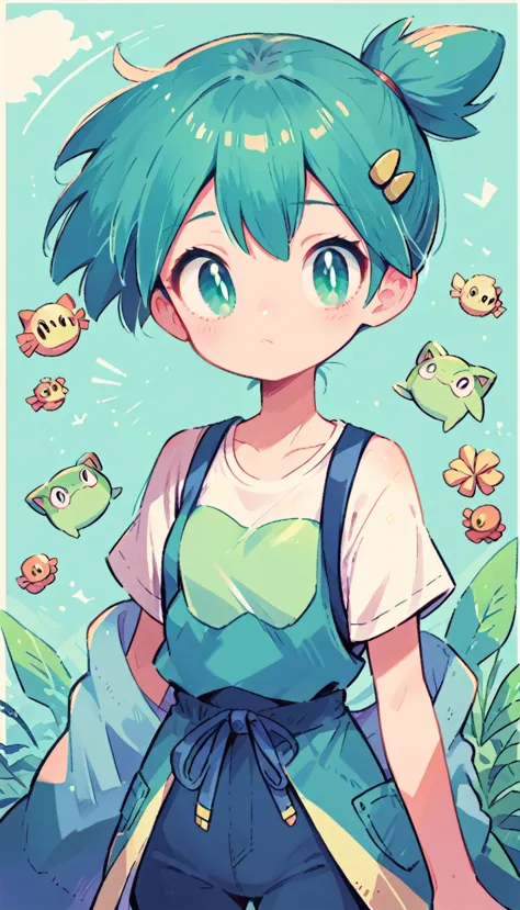 character pokemon, 1 girl , misty , cute , big eyes , green oasis eyes , dynamic image,