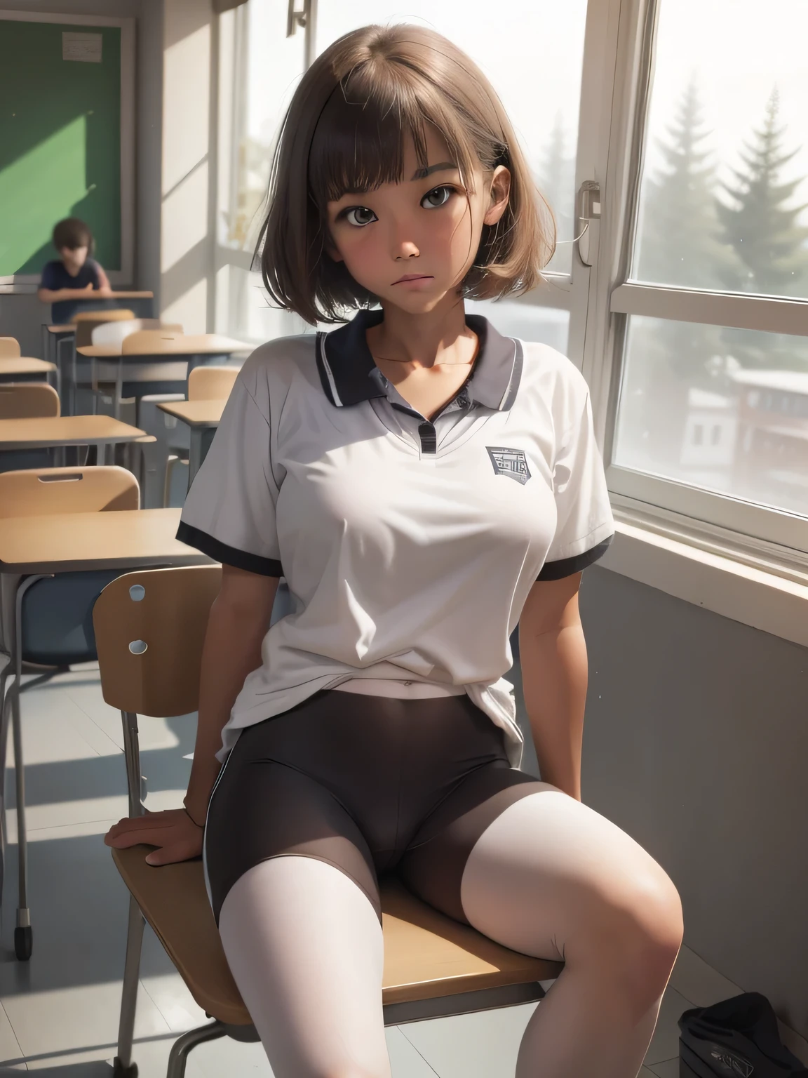 Wearing a U-neck T-shirt:1.5、White Pantyhose、Black Bike Shorts、Wearing bike shorts over pantyhose、short hair、Brown Hair、Sunburned skin、Dark brown skin、Like the whole body、Big Breasts 、Beautiful feet、Big Ass、School classroom、Beautiful feet、Sitting with legs apart on a desk in the classroom、Expressionless、Red face、Emphasis on the groin、Junior high school girl、