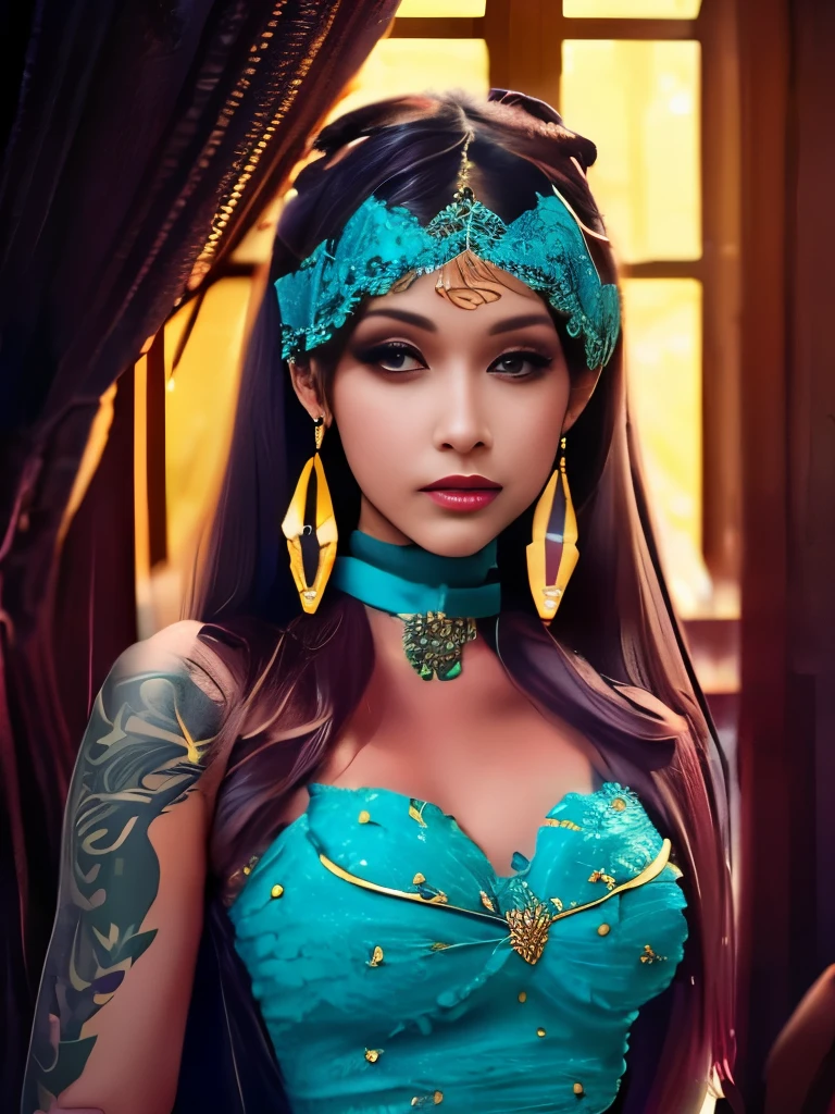 Elaborate fantasy-inspired attire adorned with intricate patterns and a turquoise color scheme, complemented by a large feathered headband. The long, flowing, platinum hair is styled with multiple accessories, including a matching choker and gemstone earrings. The pose is confident, with attention to detailed tattoos on the upper arm. The background is an enchanting, star-lit sky with hints of distant mystical structures, illuminated by soft ambient lighting, creating a magical and dreamy atmosphere.