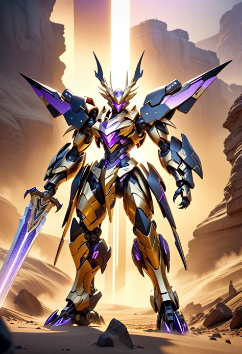 a highly detailed, stylized 3d cg concept art of a futuristic robot, with 3 stylish horns on its head, a long and sharp chin, shoulders with extended armor, dragon-like feet with sharp claws, and two large thrusters extending from its waist, the entire mech body is beautifully coated in a lustrous gold finish with clear purple diamond patterns across the panels, holding a massive, ( dynamic and stylish golden sword in both hands: 1.3), standing in a dramatic sunset landscape of a desolate wasteland with a sandstorm,(Dynamic poses:1.5 ), (best quality,4k,8k,highres,masterpiece:1.5),ultra-detailed,extremely fine details, high quality 3d rendering, dramatic lighting, cinematic framing, award-winning artwork, photorealistic, (realistic,photorealistic,photo-realistic:1.37), extremely realistic metallic sheen and texture on the armor, clear purple accents with a glowing effect, highly detailed and reflective claws and thrusters,beautiful and lustrous sword with a captivating presence, cowboy shot, cinematic, dramatic