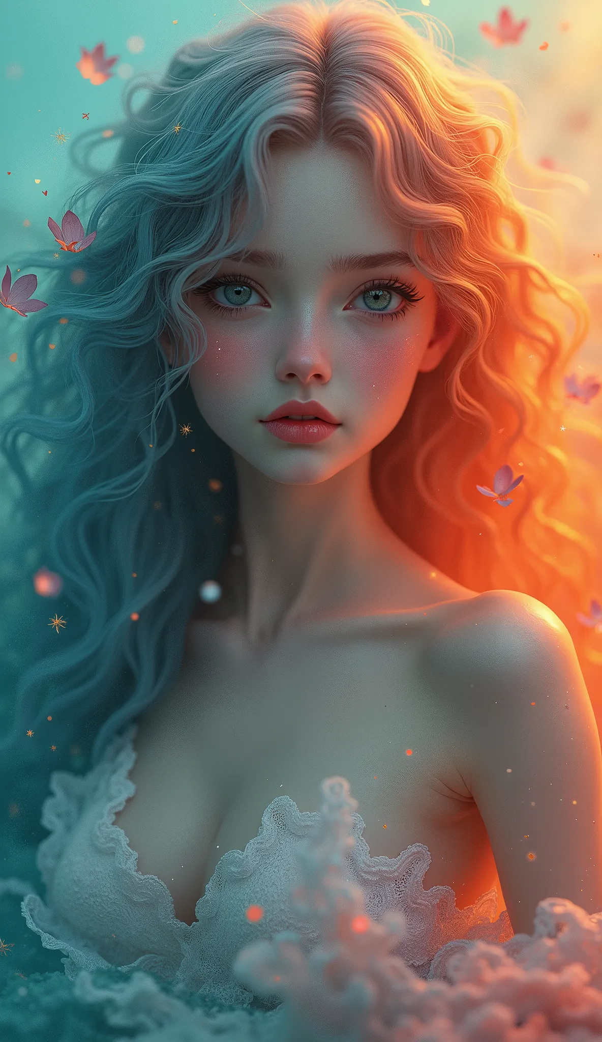 cute Siren, Greek mythology, rainbow color effects, blur effects, (anime manga cartoon illustration)-style, delicate and dynamic textures, contrasts of light and shadow, 2.5D, artistic photography, hyper realistic, graphic CG digital art, conceptual installation art, high and fine artwork, ultra detailed, absolutely resolution, best quality